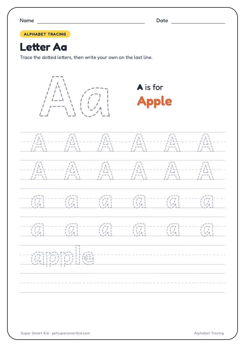 Alphabet Tracing Worksheets A to Z, first page