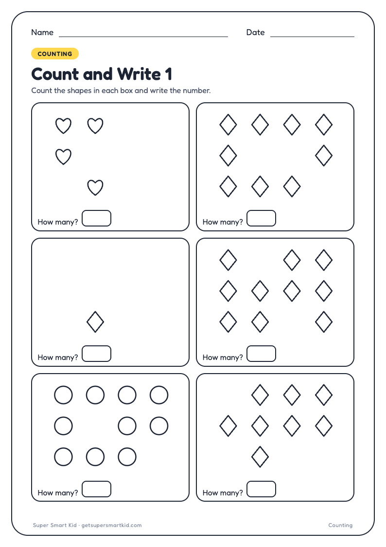 Counting Worksheets for Nursery, first page