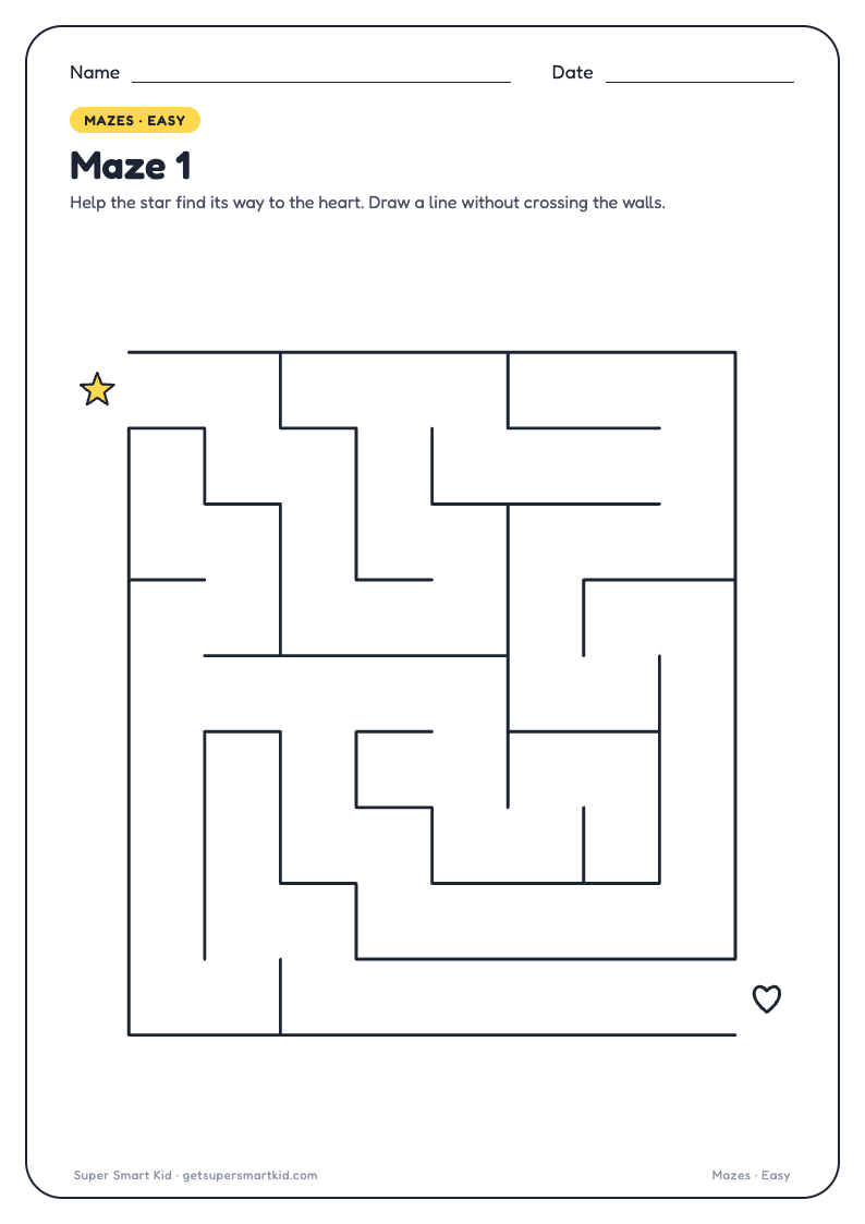 Maze Worksheets for Kids, first page