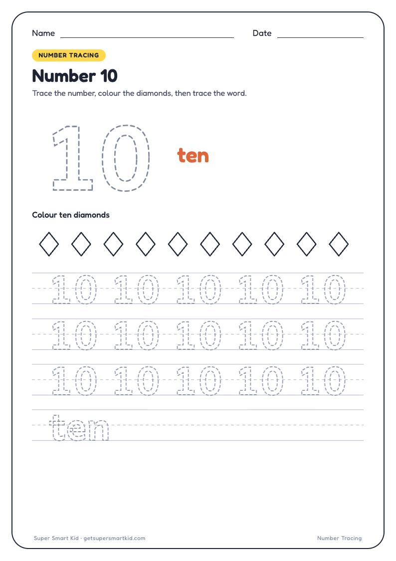 Number Tracing Worksheets 1 to 20, page 10 of 20