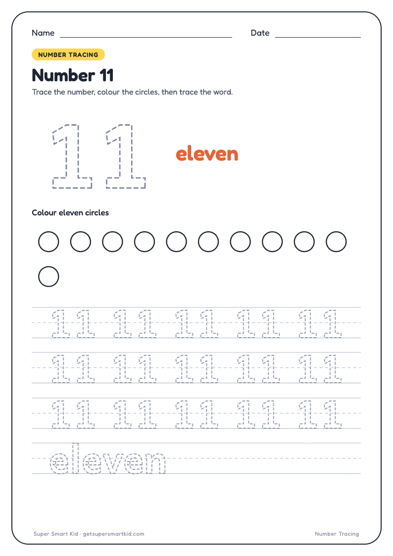 Number Tracing Worksheets 1 to 20, page 11 of 20