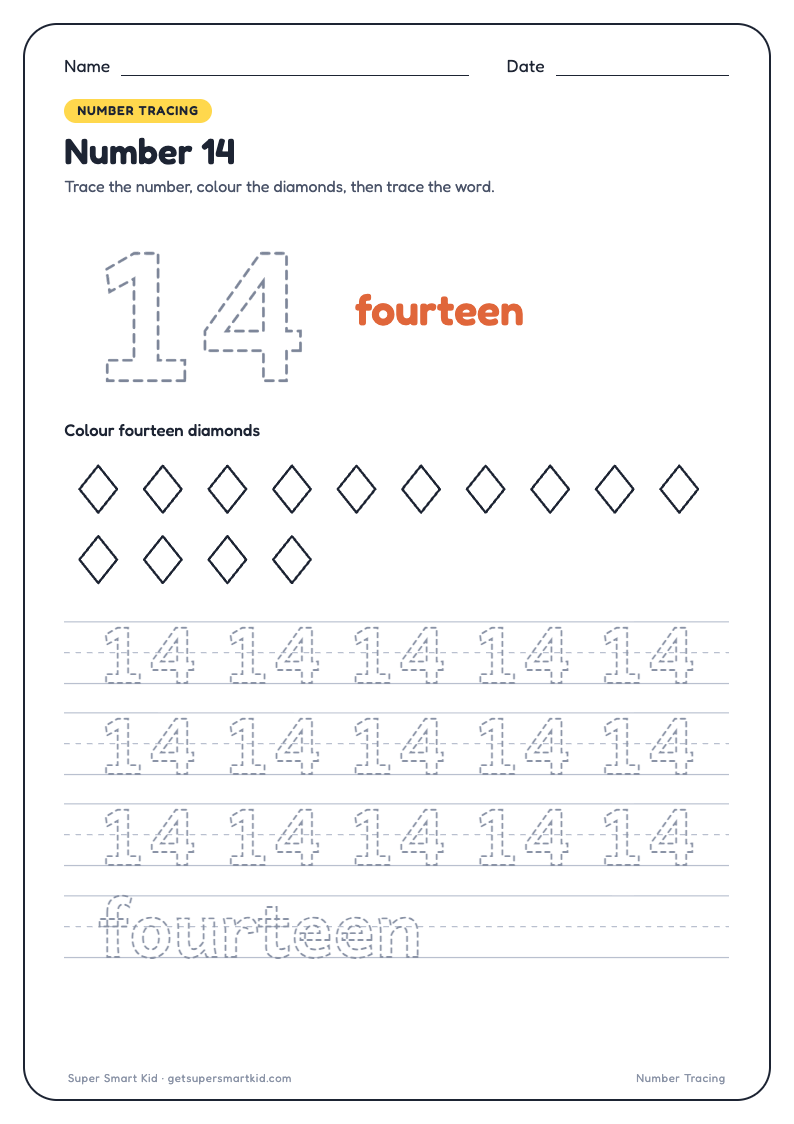 Number Tracing Worksheets 1 to 20, page 14 of 20