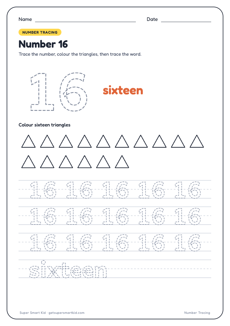 Number Tracing Worksheets 1 to 20, page 16 of 20
