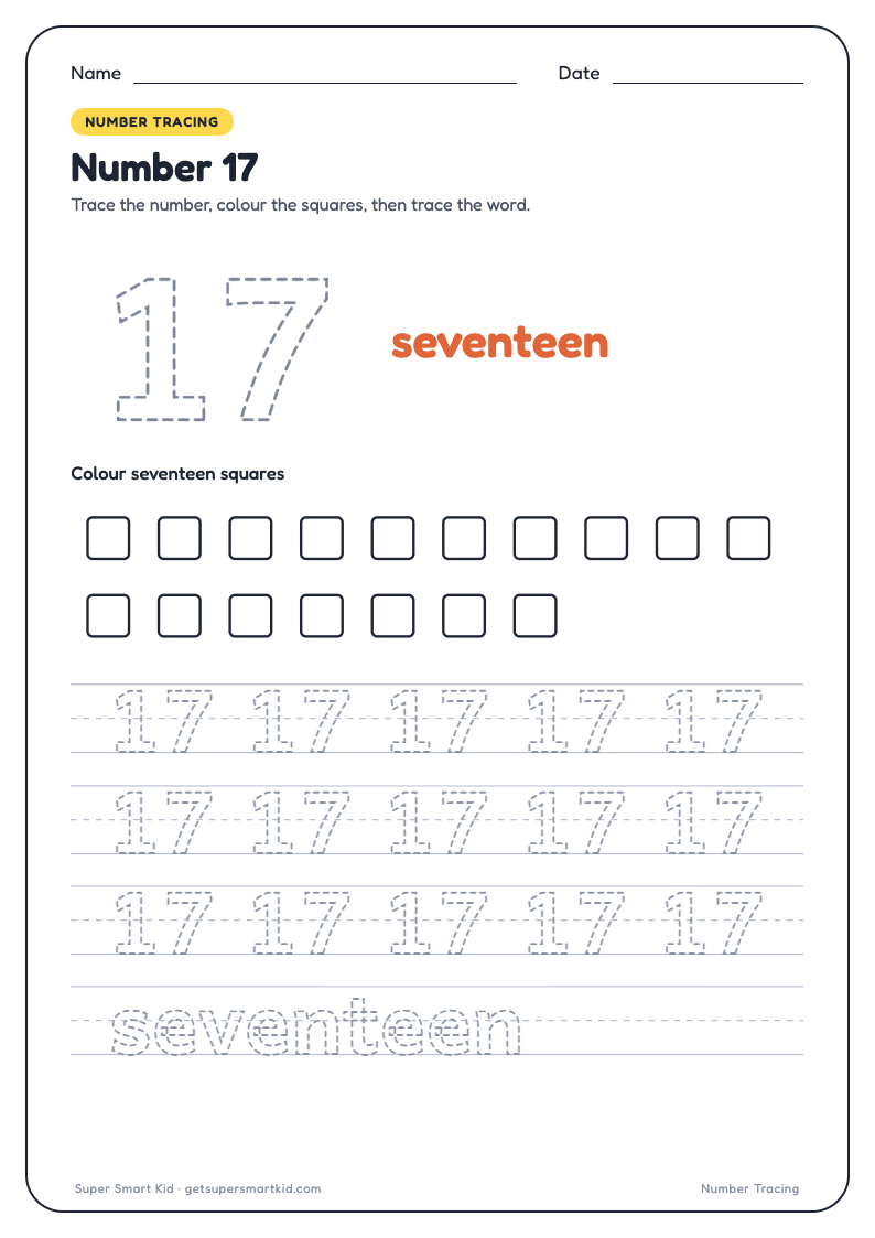 Number Tracing Worksheets 1 to 20, page 17 of 20
