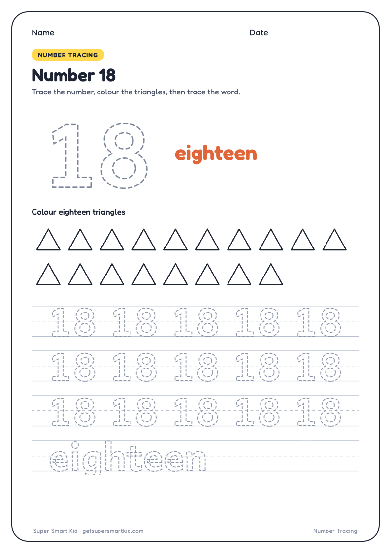 Number Tracing Worksheets 1 to 20, page 18 of 20