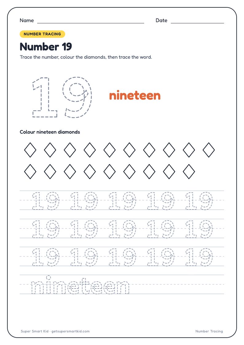 Number Tracing Worksheets 1 to 20, page 19 of 20