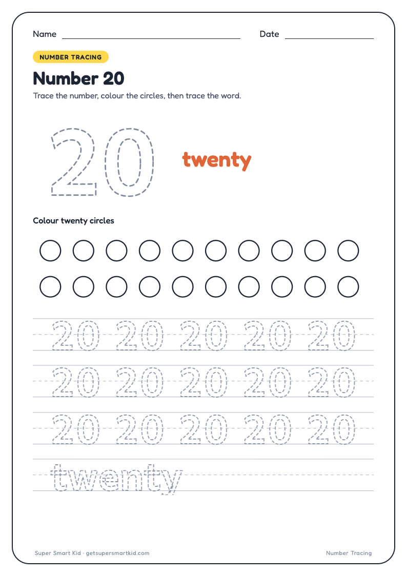 Number Tracing Worksheets 1 to 20, page 20 of 20
