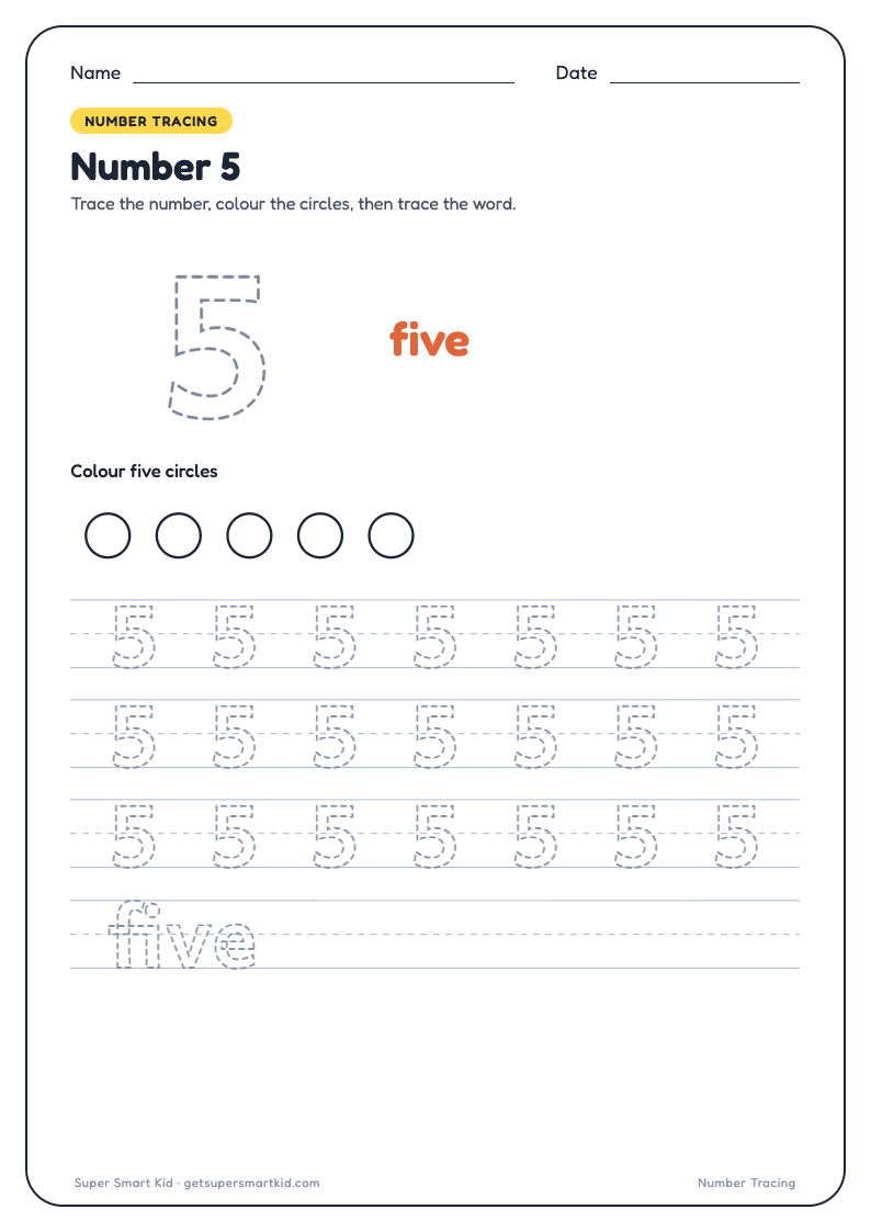 Number Tracing Worksheets 1 to 20, page 5 of 20