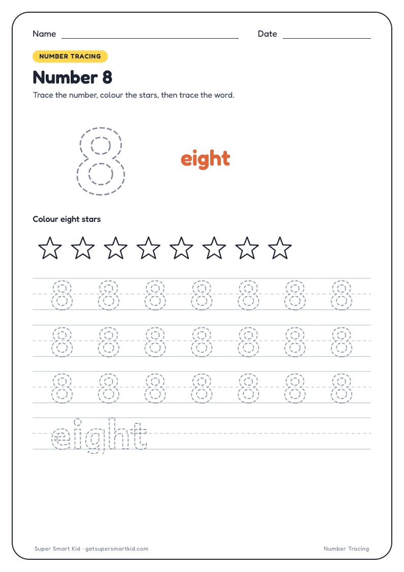 Number Tracing Worksheets 1 to 20, page 8 of 20