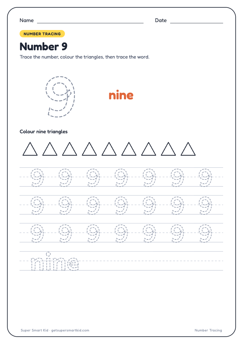 Number Tracing Worksheets 1 to 20, page 9 of 20