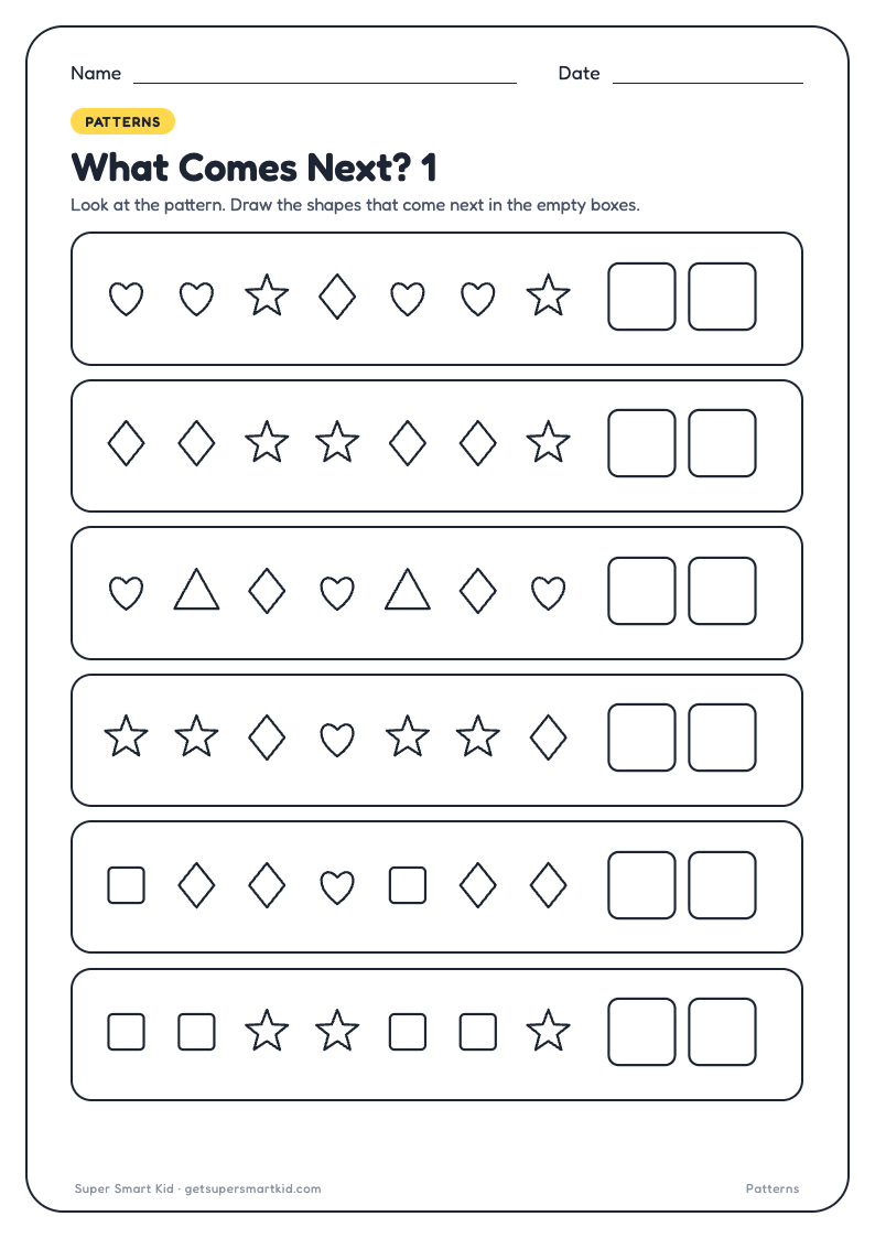 Pattern Worksheets for Class 1, first page