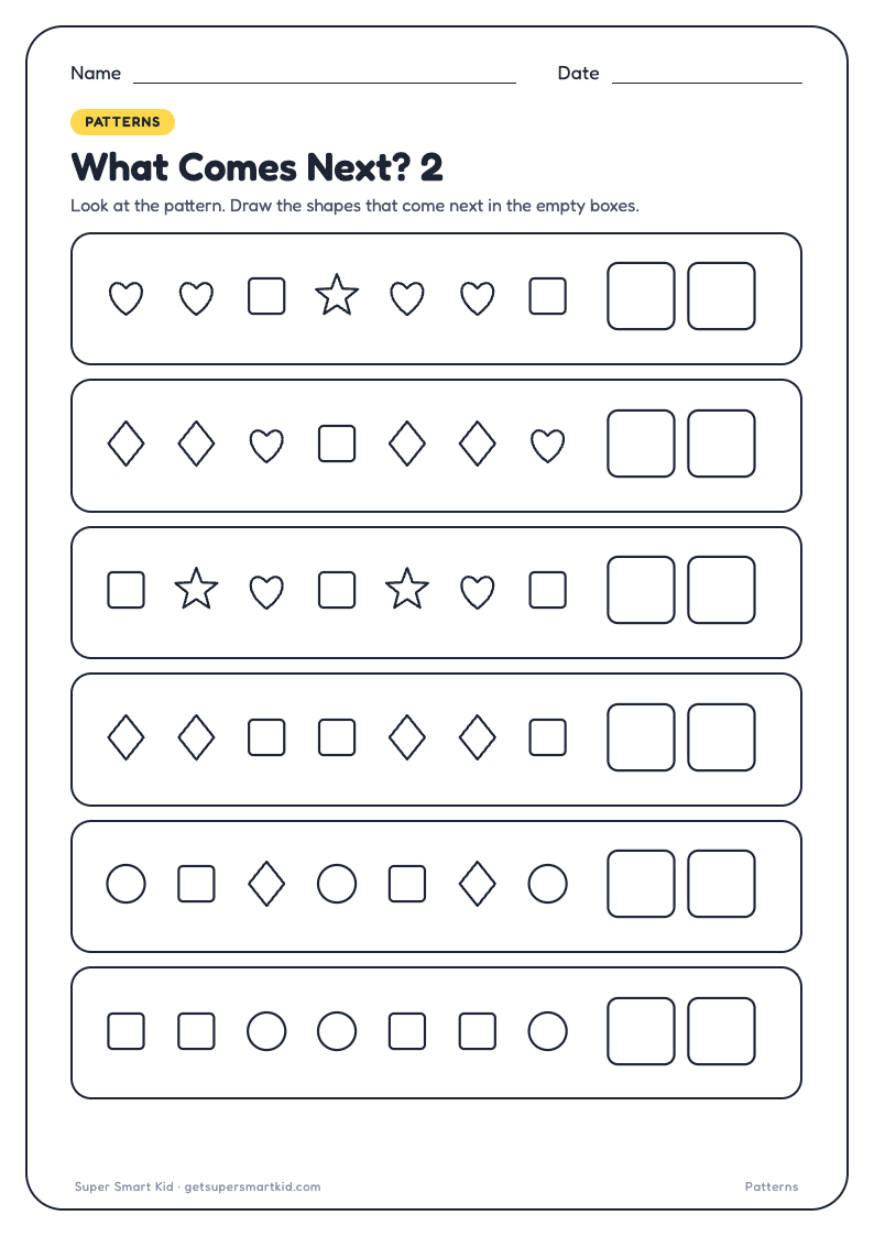 Pattern Worksheets for Class 1, page 2 of 8
