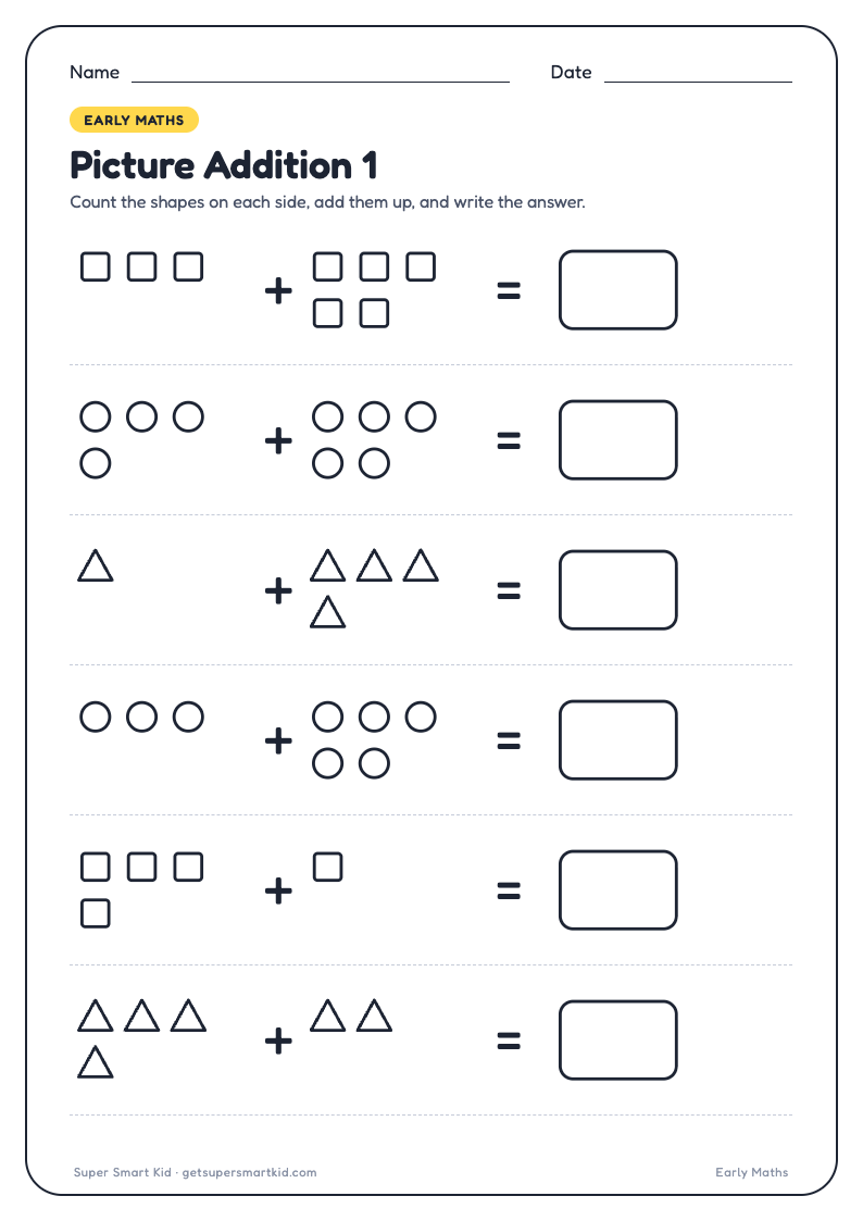 Picture Addition Worksheets for UKG, first page