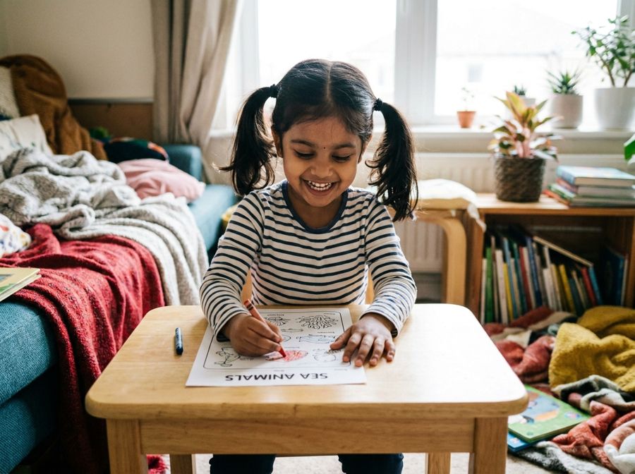 Child colouring a printed worksheet